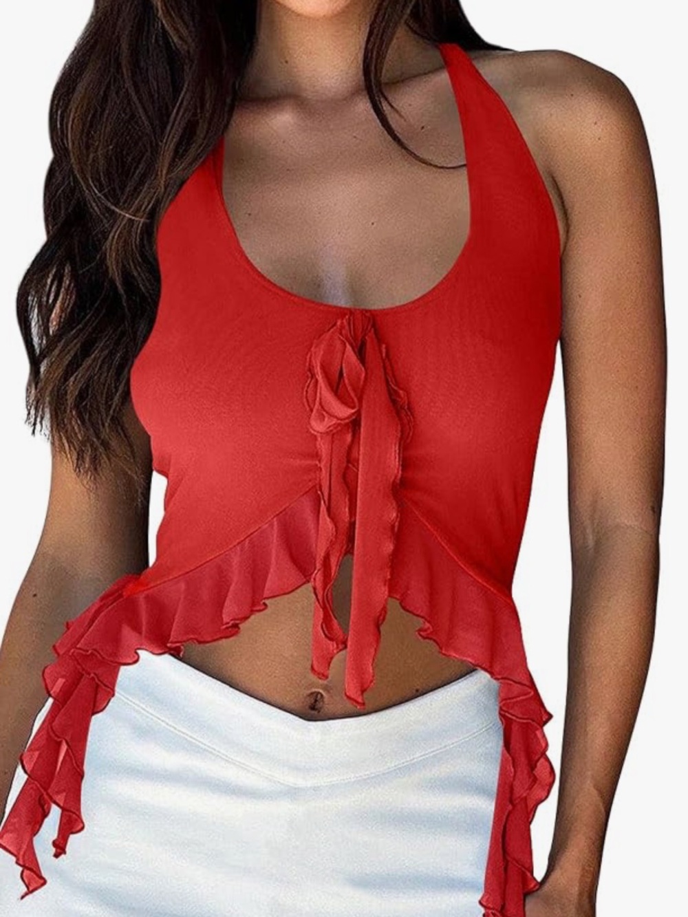 Red Ruffle Tie-Front Halter Crop Top - Women